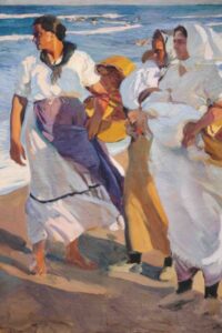 Pintura de mujeres en la playa con canastas y niños