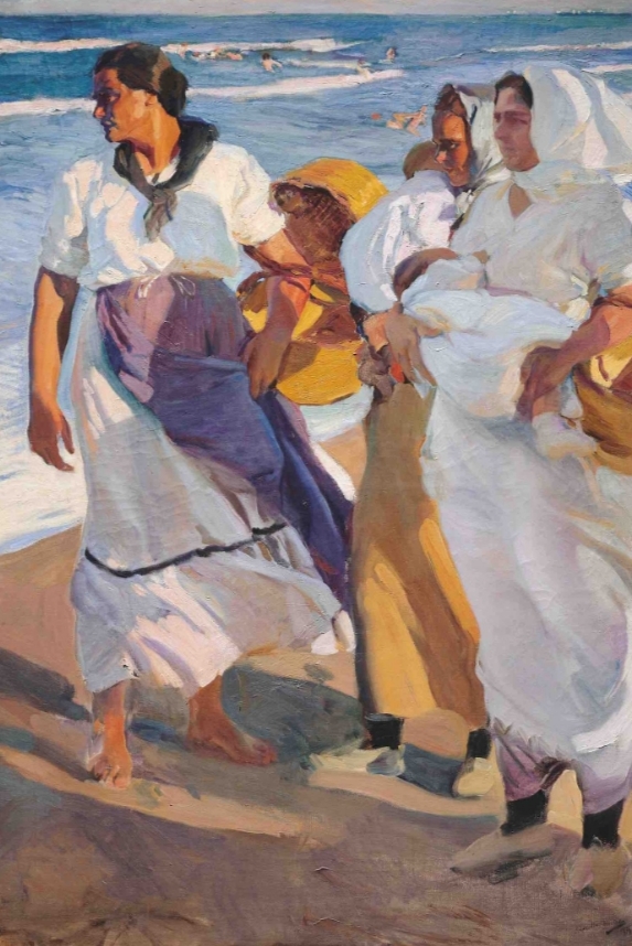 Pintura de mujeres en la playa con canastas y niños
