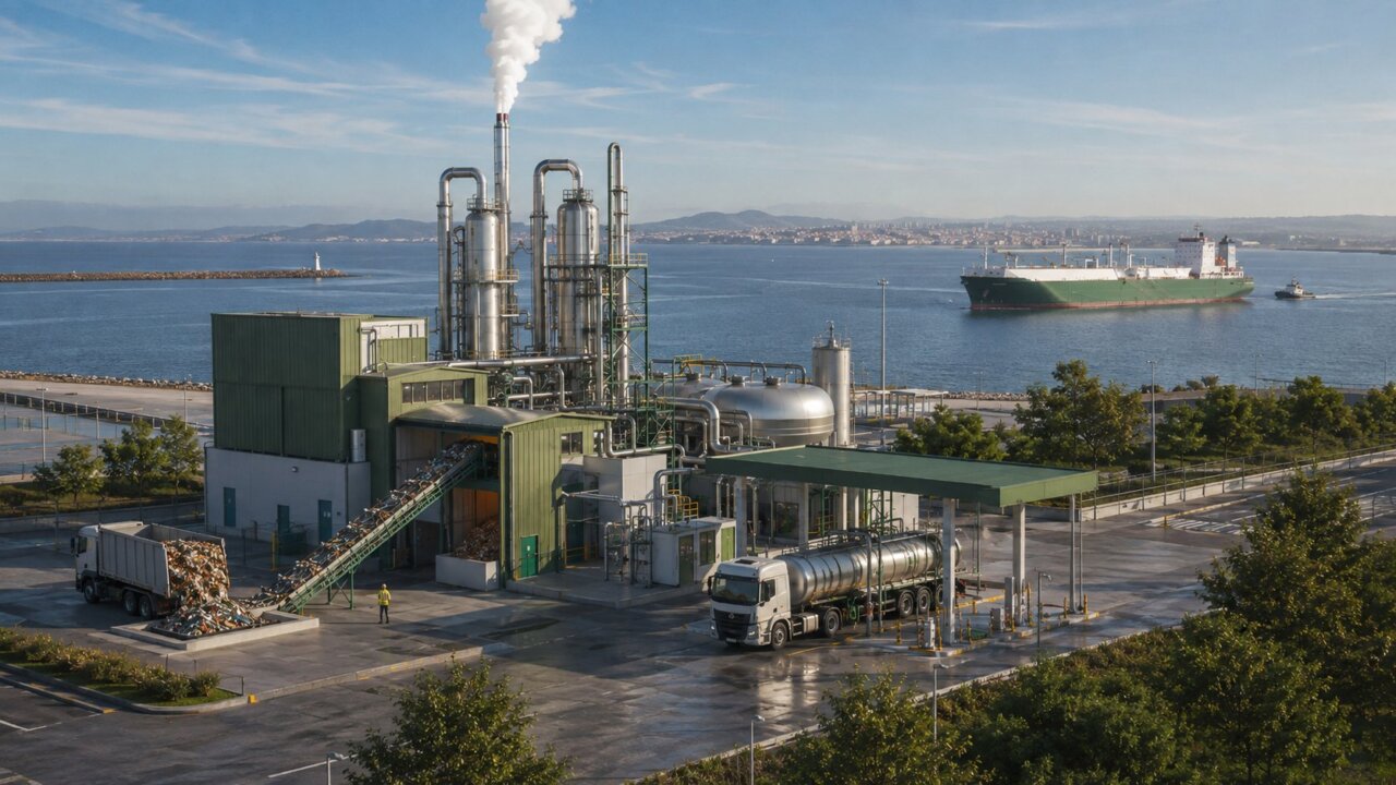 Instalación de biocombustible en Oporto con camiones y mar en fondo.