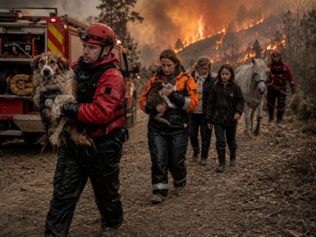 Rescatistas llevan animales durante una emergencia forestal