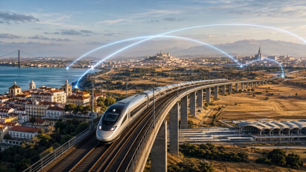 Tren de alta velocidad cruzando un puente con paisaje ibérico