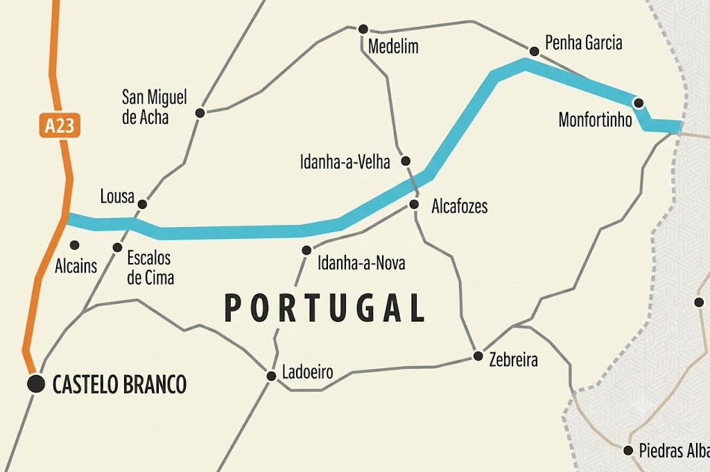 Mapa de ligação entre Extremadura e Beira Baixa em Portugal