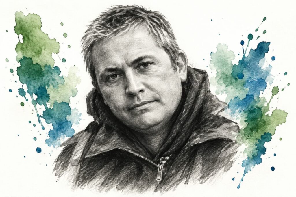 Retrato de un hombre con cabello corto y chaqueta, fondo artístico.