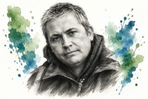 Retrato de un hombre con cabello corto y chaqueta, fondo artístico.