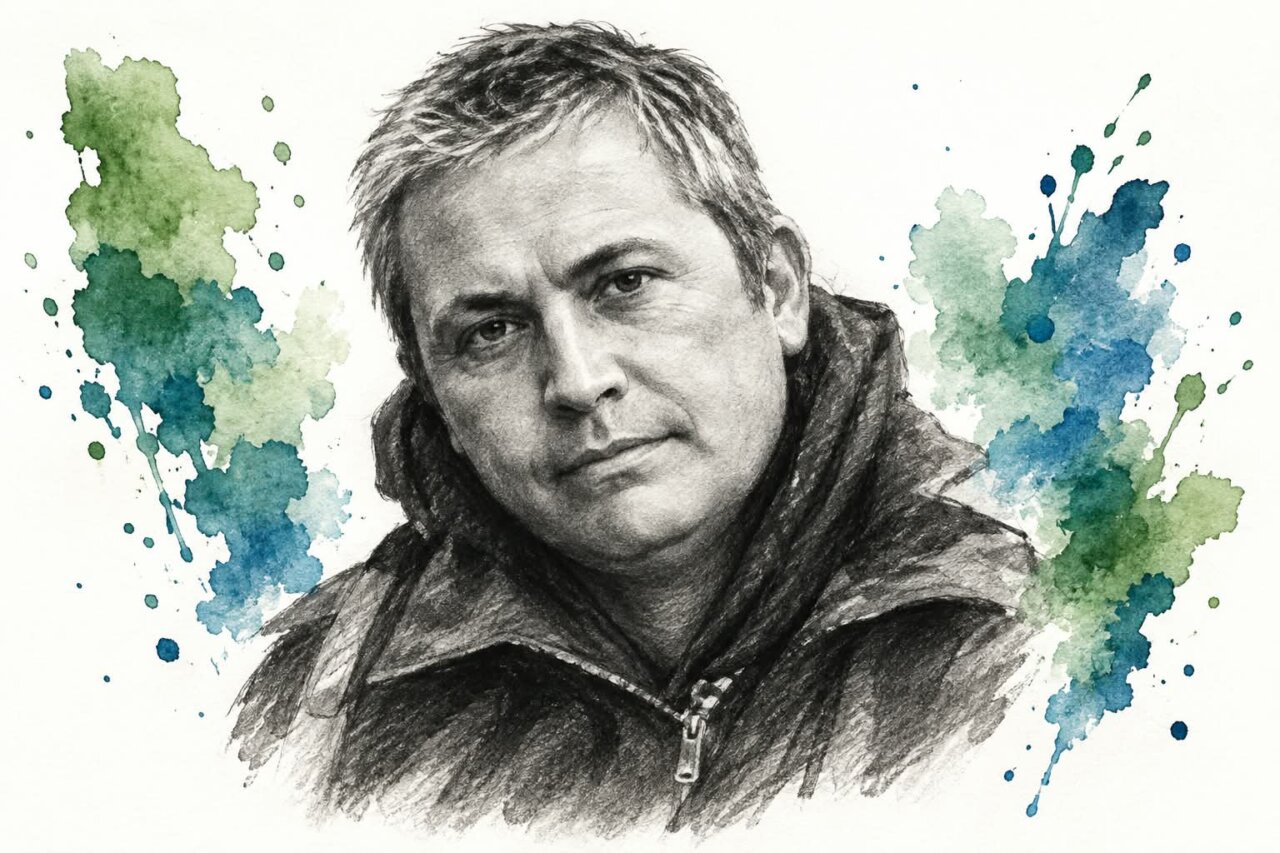 Retrato de un hombre con cabello corto y chaqueta, fondo artístico.