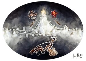 Ilustración de la Virgen de Fátima con elementos navideños