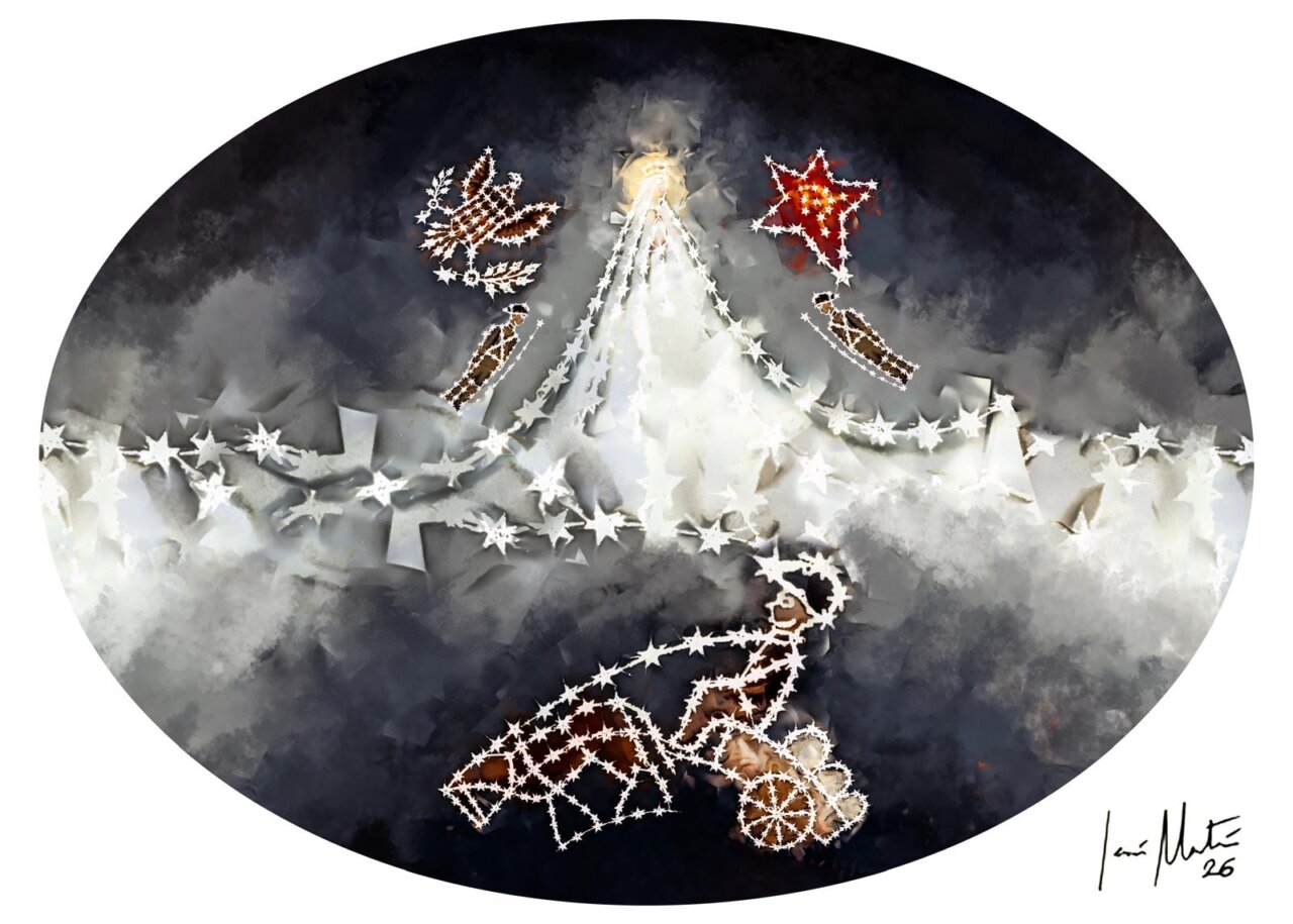 Ilustración de la Virgen de Fátima con elementos navideños