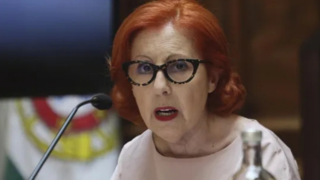 Mujer con cabello rojo y gafas hablando en una reunión