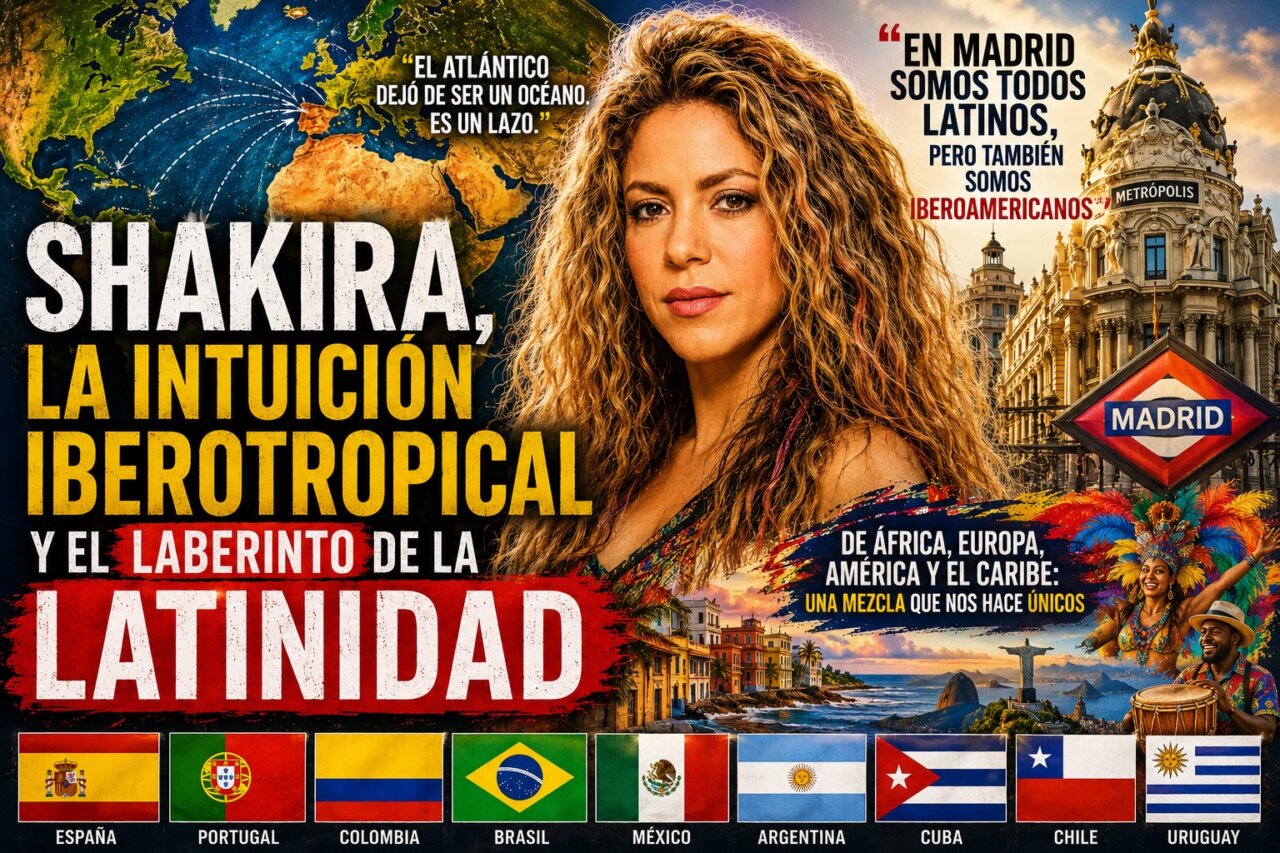 Shakira en un fondo que representa la diversidad iberoamericana