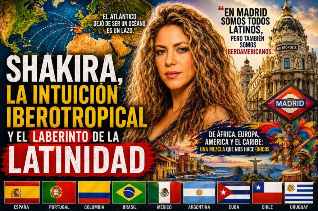 Shakira con fondo de mapa y banderas de países iberoamericanos