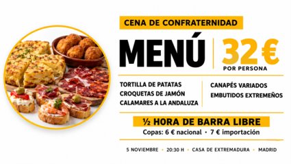 Cartel de cena con tortilla, croquetas, embutidos y menú de 32 euros por persona