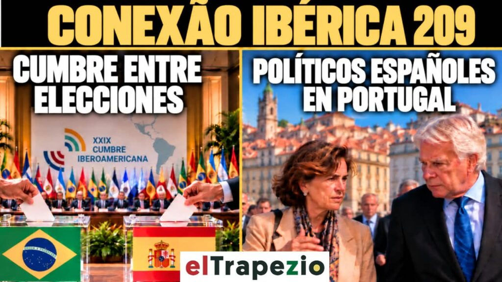 Composición gráfica con una cumbre, urnas y dos personas ante una ciudad.