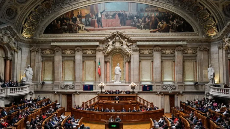 Vista amplia del hemiciclo portugués con asistentes sentados bajo una decoración monumental
