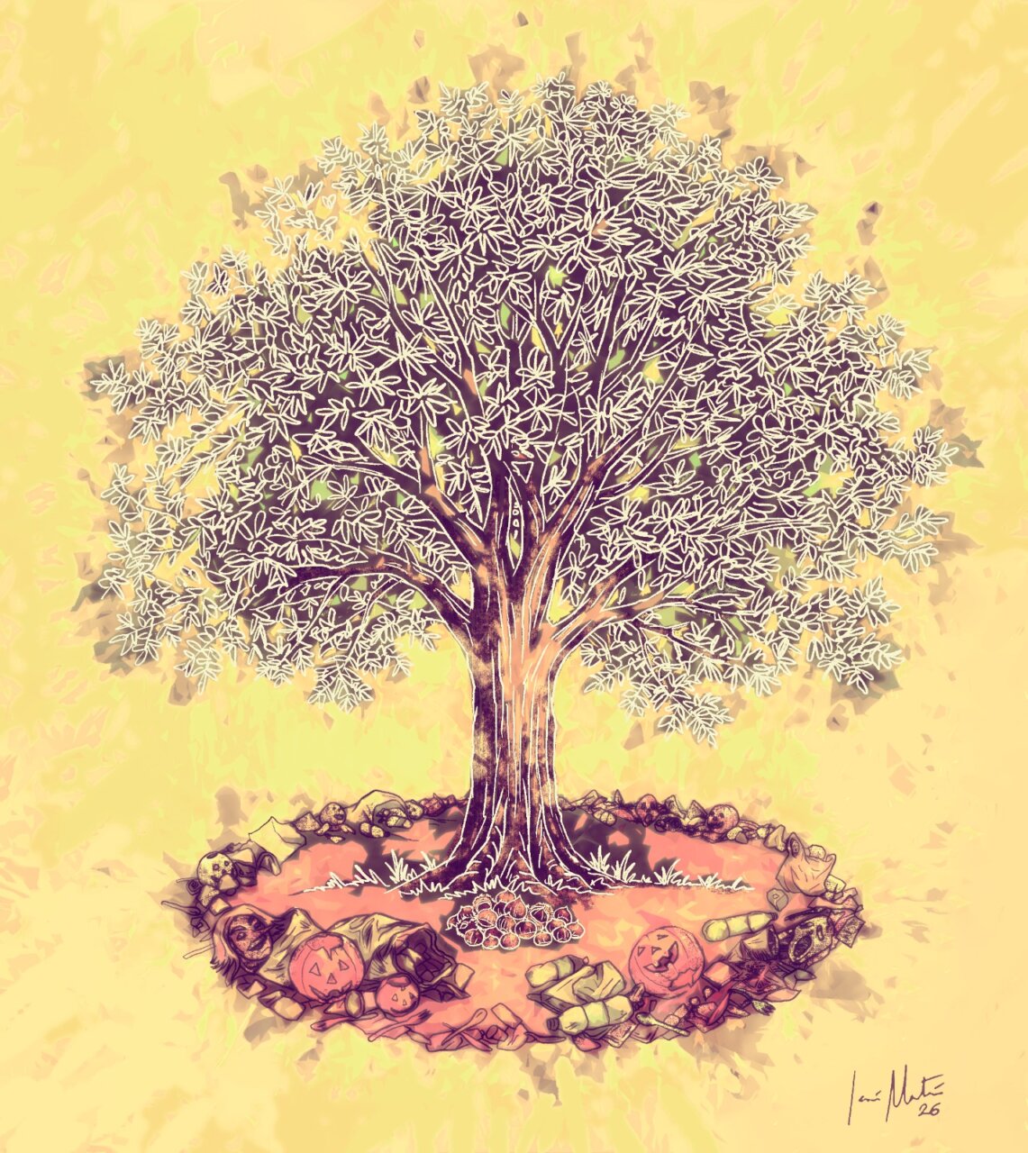 Ilustración de un castaño rodeado de castañas, calabazas talladas y hojas.