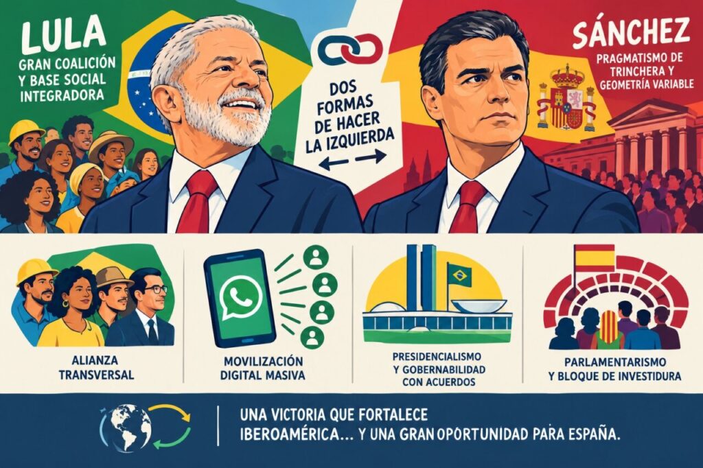Ilustración comparativa de Lula y Sánchez con esquemas sobre alianzas y sistemas políticos.