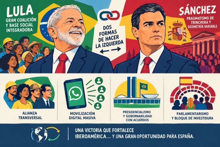 Ilustración comparativa de Lula y Sánchez con esquemas sobre alianzas y sistemas políticos.