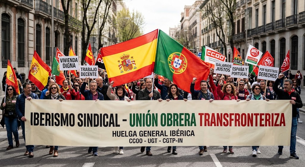Manifestantes con banderas de España y Portugal sostienen una pancarta sindical en una calle.