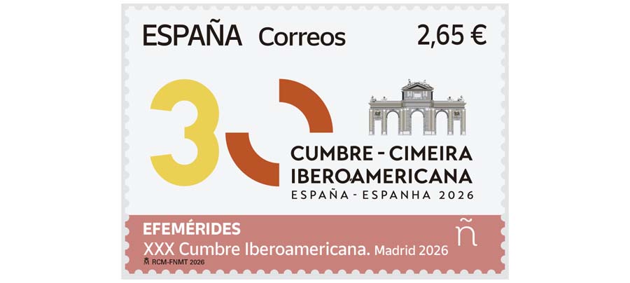 Diseño de sello con el número 30, la Puerta de Alcalá y la Cumbre Iberoamericana 2026.